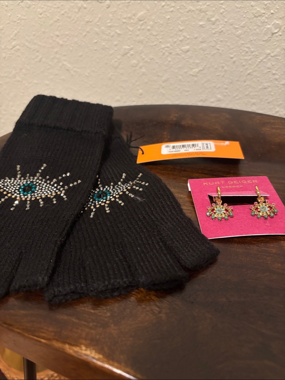 Kurt Geiger Black Rhinestone Eye Knit Fingerless Gloves